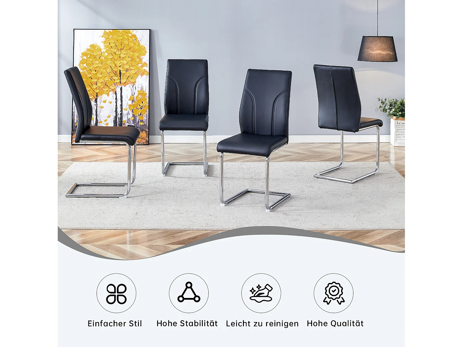 Lot de 2 chaises noire en simili cuir PU - Pieds en métal argenté