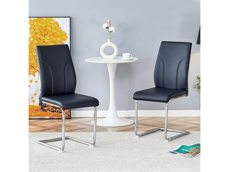 Lot de 2 chaises noire en simili cuir PU - Pieds en métal argenté