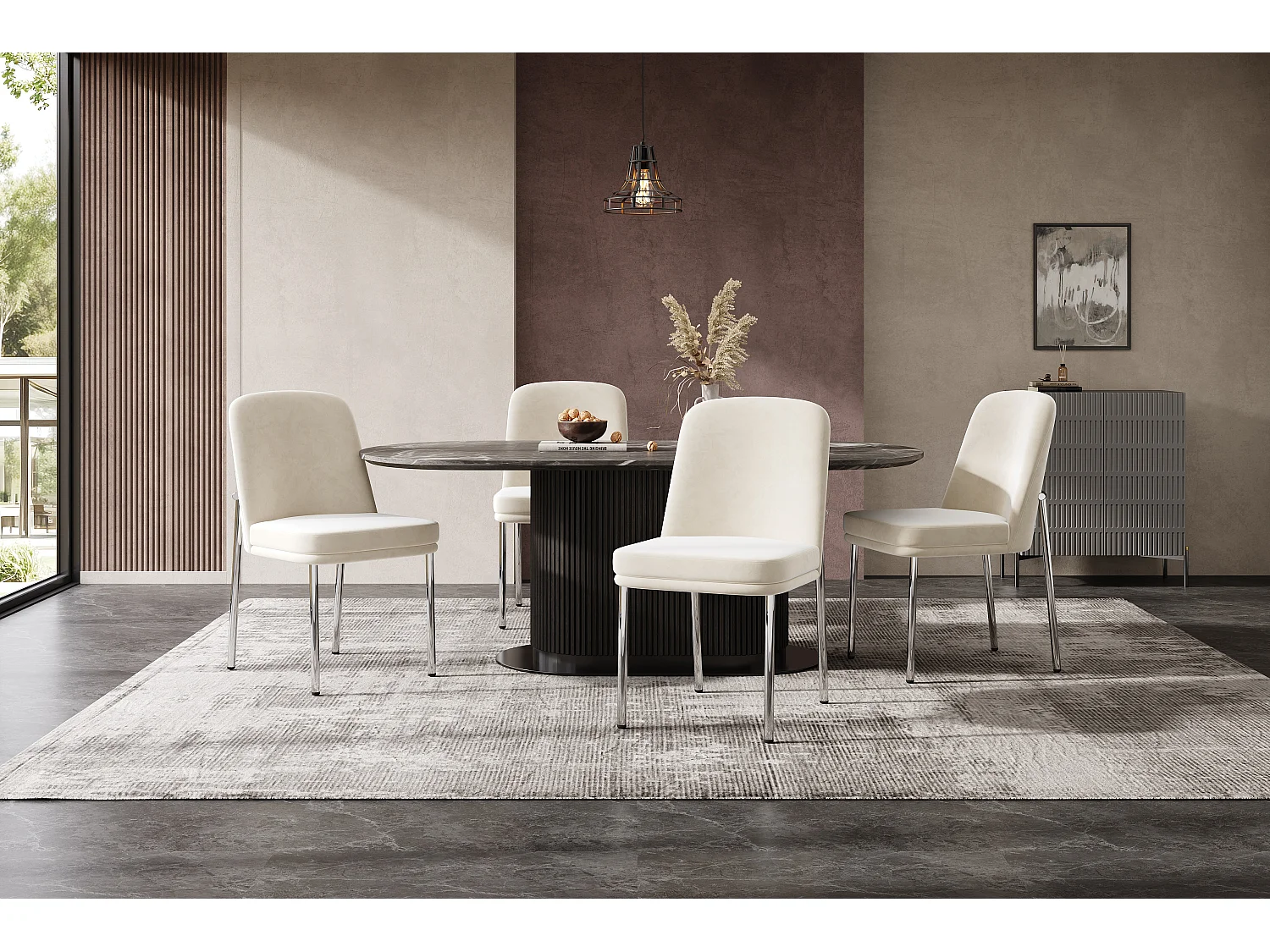 Lot de 4 chaises avec pieds en métal argenté - Velours beige