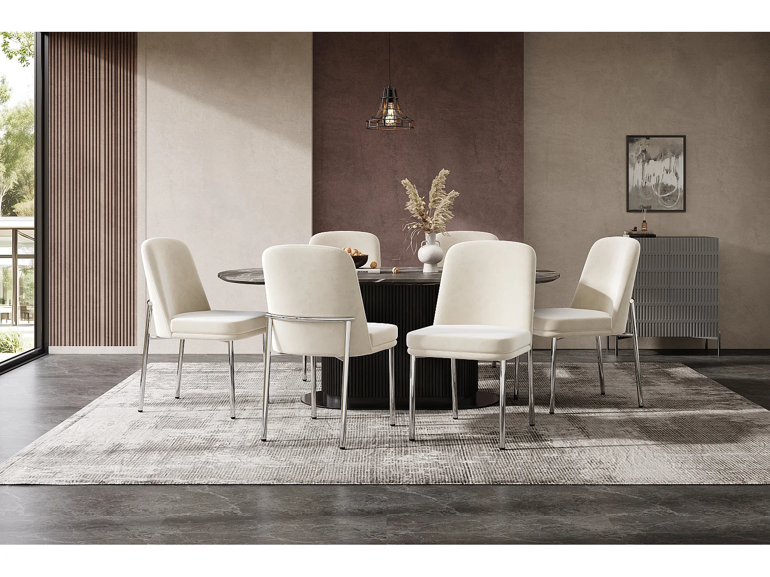 Lot de 6 chaises avec pieds en métal argenté - Velours beige