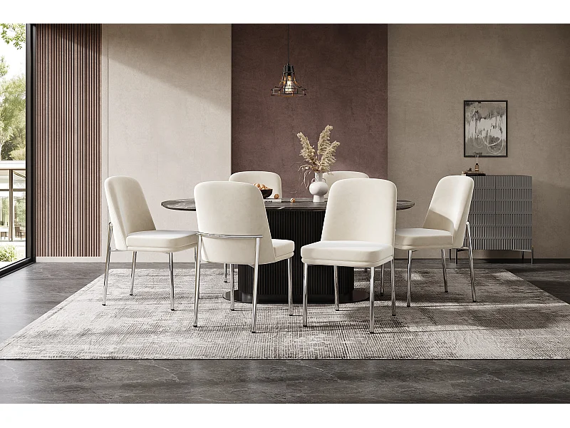 Set van 6 stoelen met zilveren metalen poten - Beige fluweel