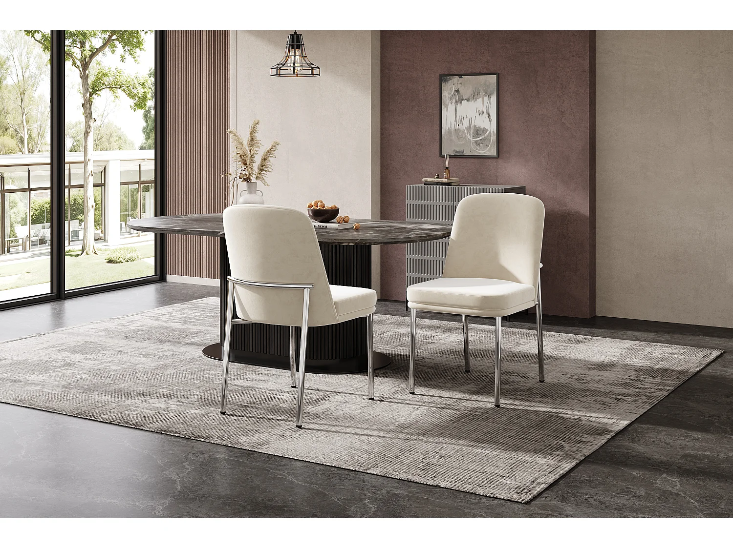 Lot de 2 chaises avec pieds en métal argenté - Velours beige