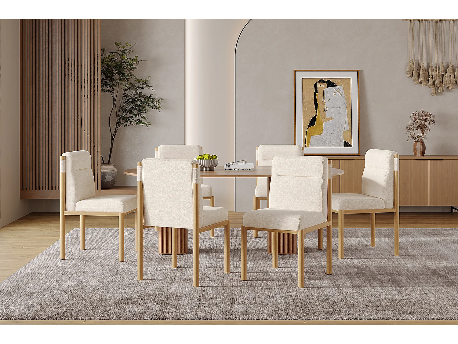 Lot de 6 chaises tissu en sherpa beige- Sièges épais - Pieds en bois