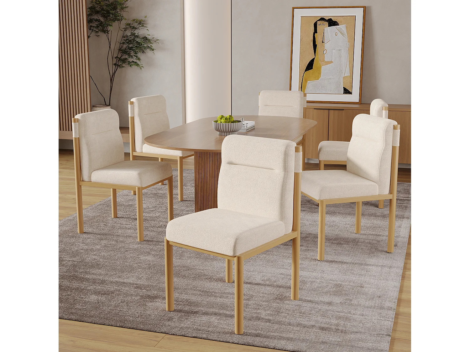 Lot de 6 chaises tissu en sherpa beige- Sièges épais - Pieds en bois