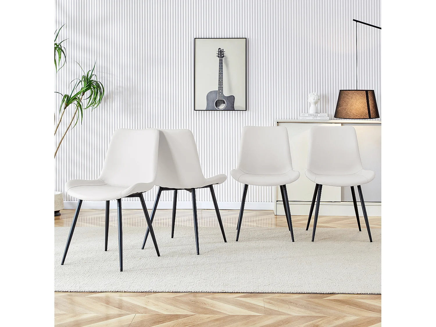 Lot de 4 chaises blanche en simili cuir PU - Pieds en métal noir