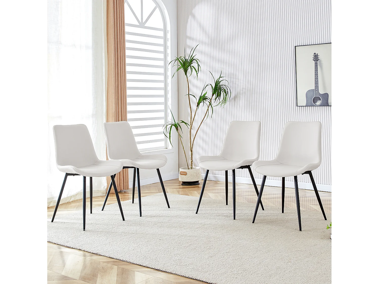 Lot de 4 chaises blanche en simili cuir PU - Pieds en métal noir