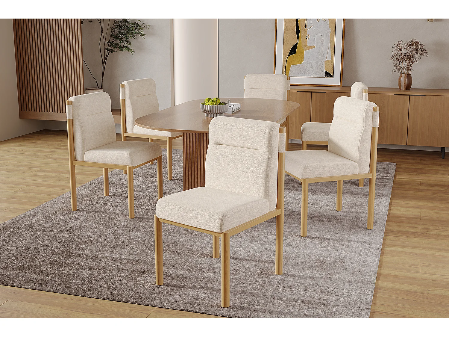 Lot de 4 chaises tissu en sherpa beige- Sièges épais - Pieds en bois