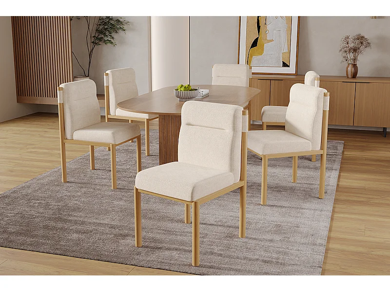 Lot de 4 chaises tissu en sherpa beige- Sièges épais - Pieds en bois