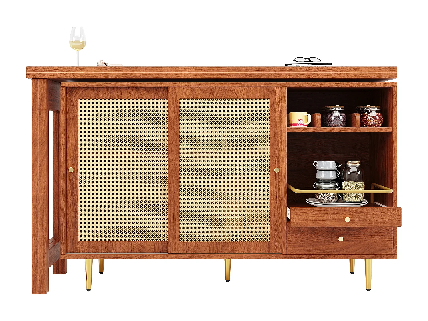 Meuble de bar pivotante avec 2 portes coulissantes en rotin et tiroir - marron