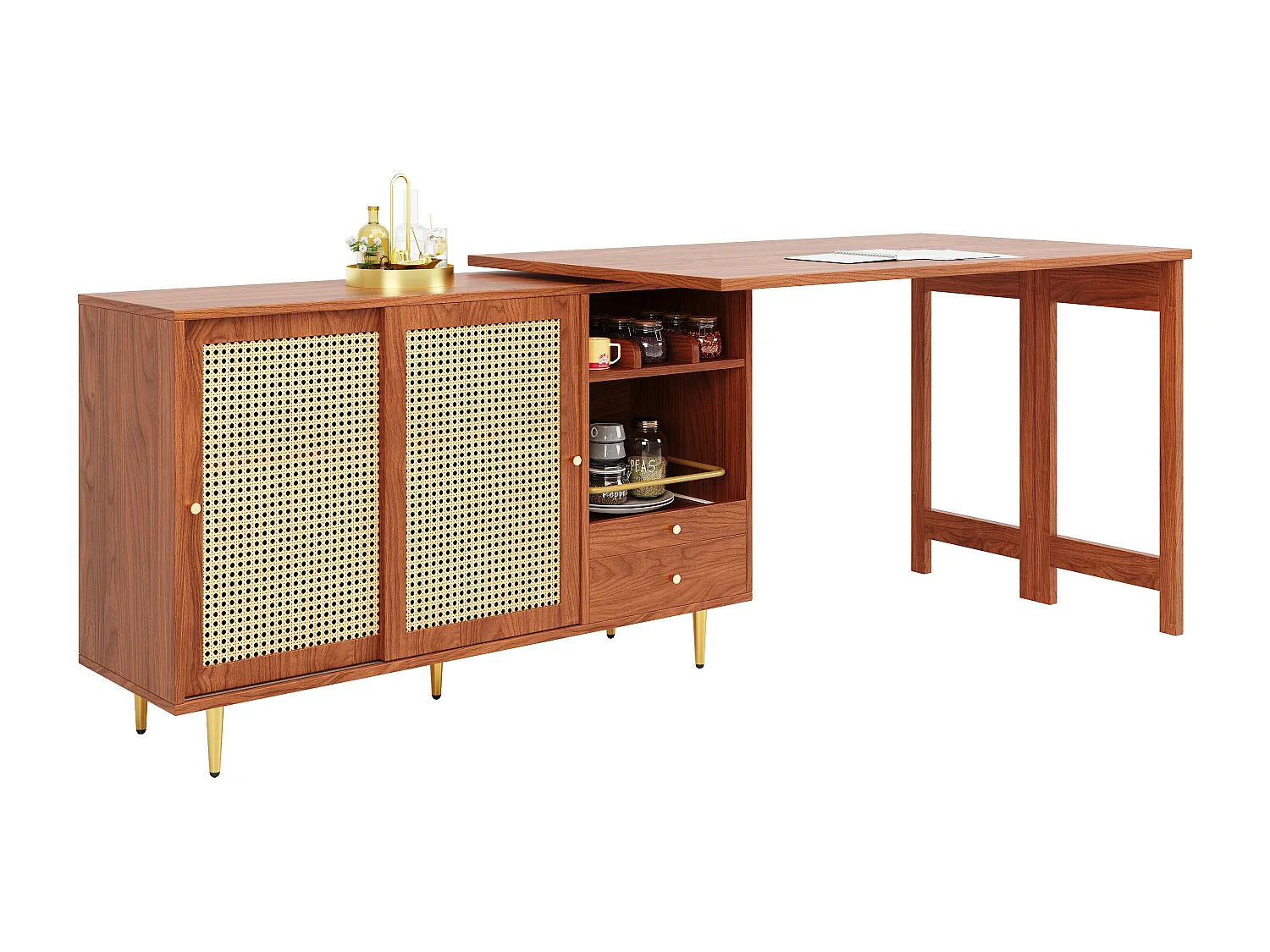 Meuble de bar pivotante avec 2 portes coulissantes en rotin et tiroir - marron