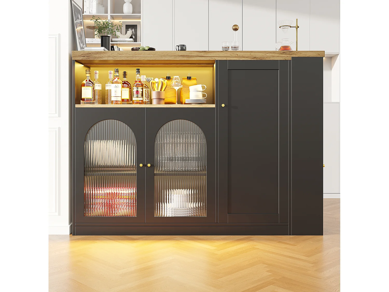 Meuble de bar pivotante avec 4 portes et LED - Portes vitrées -Plateau woodgrain - Noir