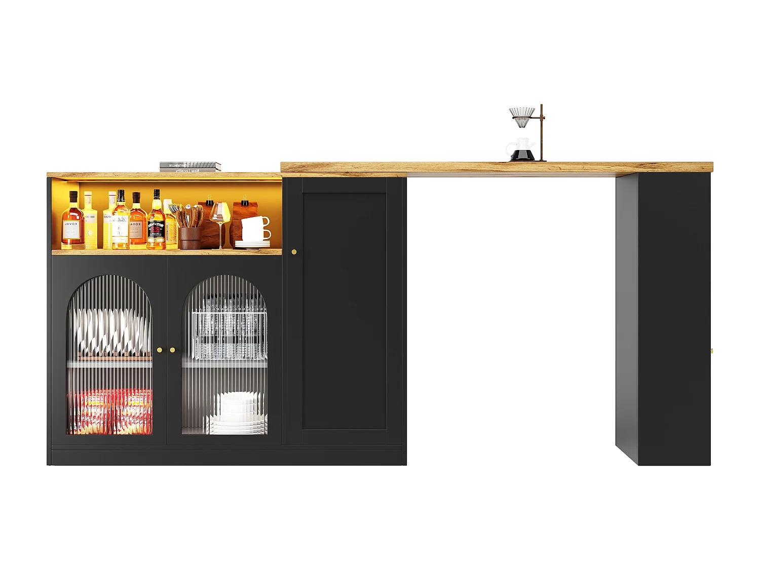 Meuble de bar pivotante avec 4 portes et LED - Portes vitrées -Plateau woodgrain - Noir