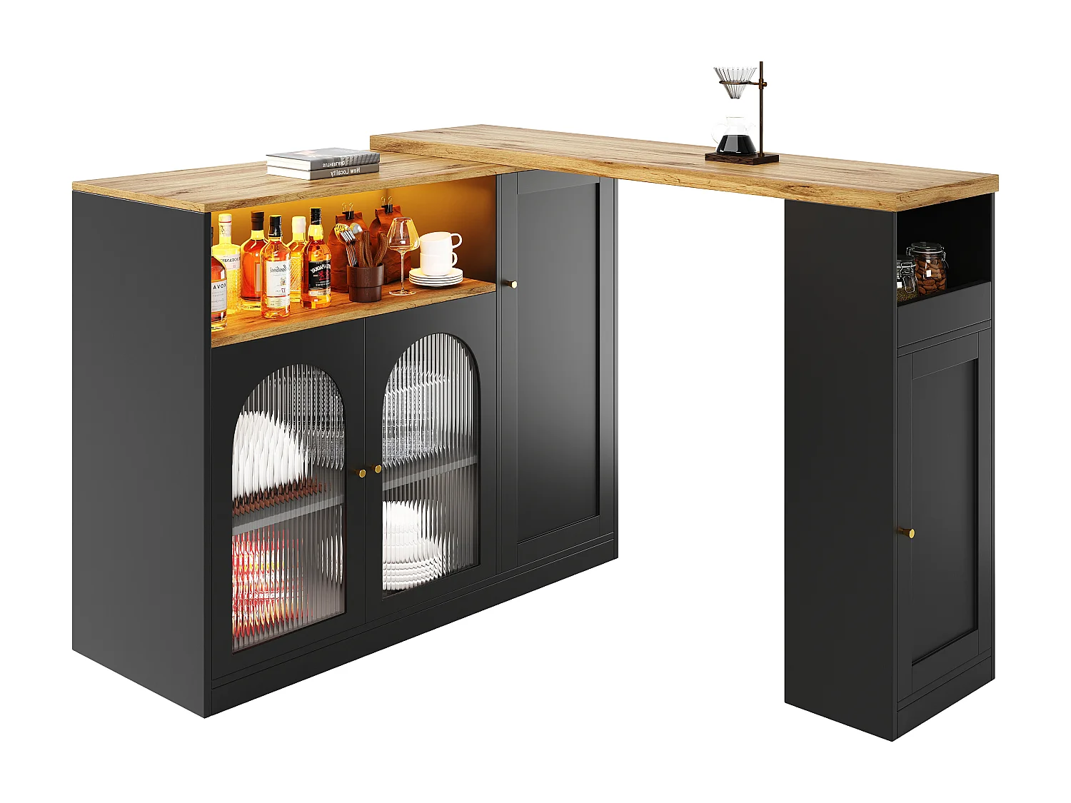 Meuble de bar pivotante avec 4 portes et LED - Portes vitrées -Plateau woodgrain - Noir