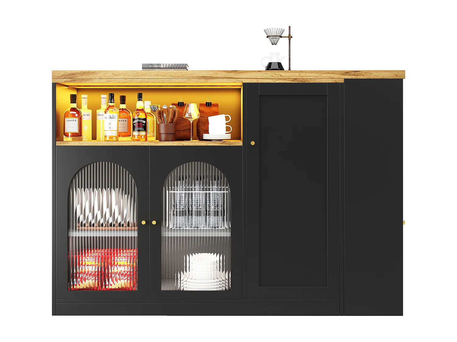 Meuble de bar pivotante avec 4 portes et LED - Portes vitrées -Plateau woodgrain - Noir