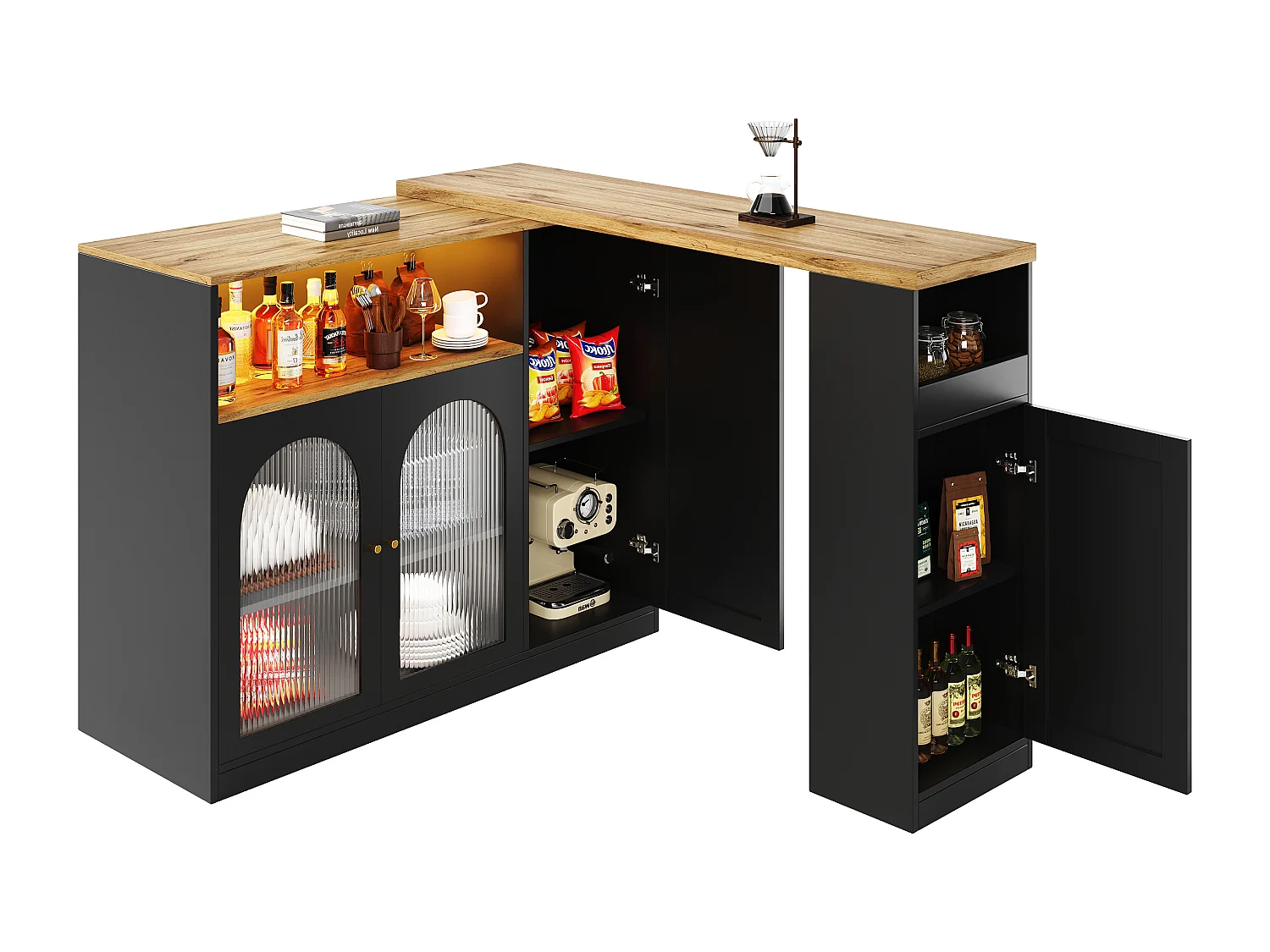Meuble de bar pivotante avec 4 portes et LED - Portes vitrées -Plateau woodgrain - Noir