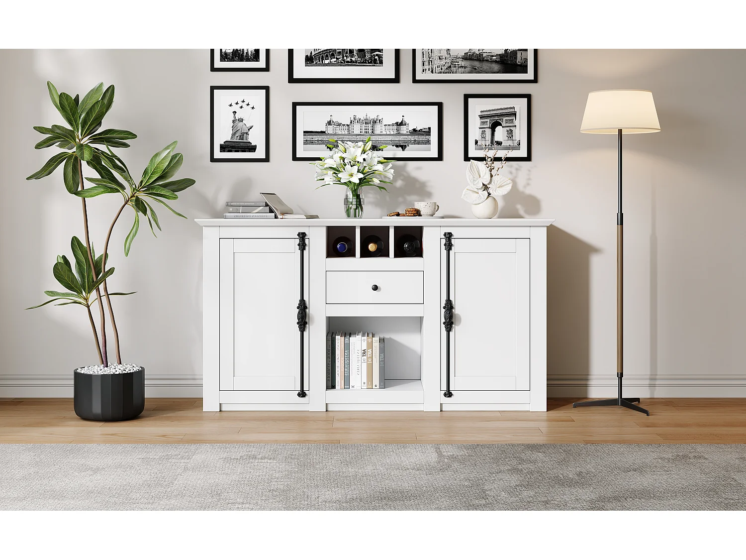 Buffet avec 2 portes, tiroir et casiers à vin - longue poignée en métal noir - Bois blanc