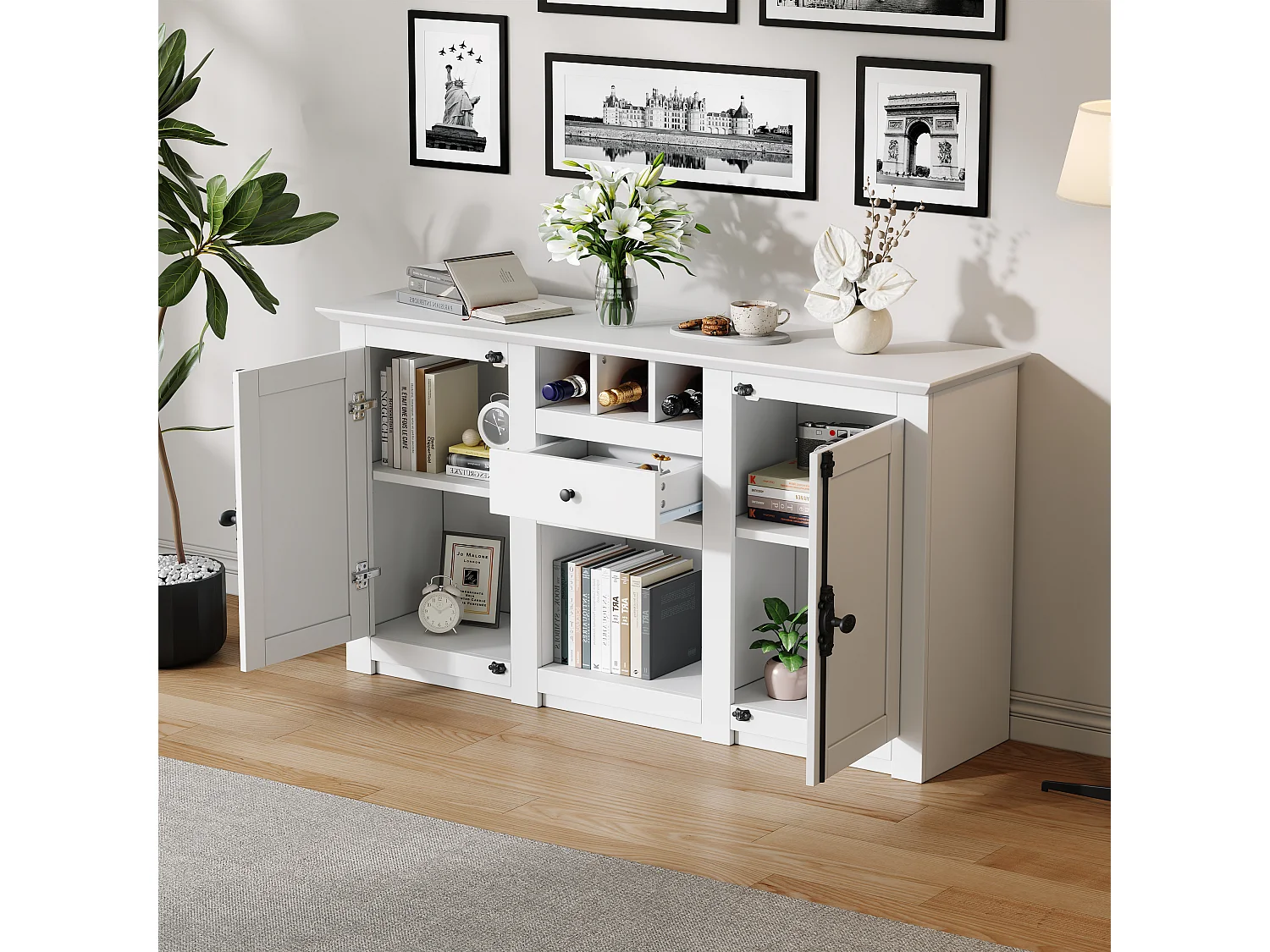 Buffet avec 2 portes, tiroir et casiers à vin - longue poignée en métal noir - Bois blanc