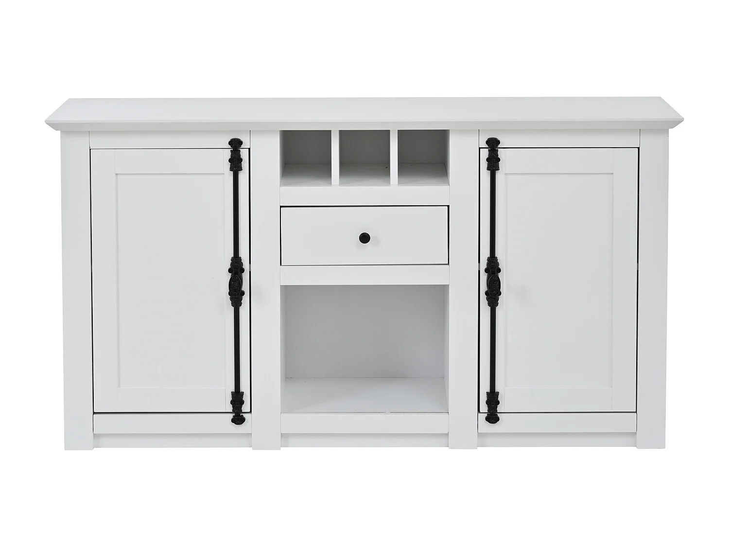 Buffet avec 2 portes, tiroir et casiers à vin - longue poignée en métal noir - Bois blanc