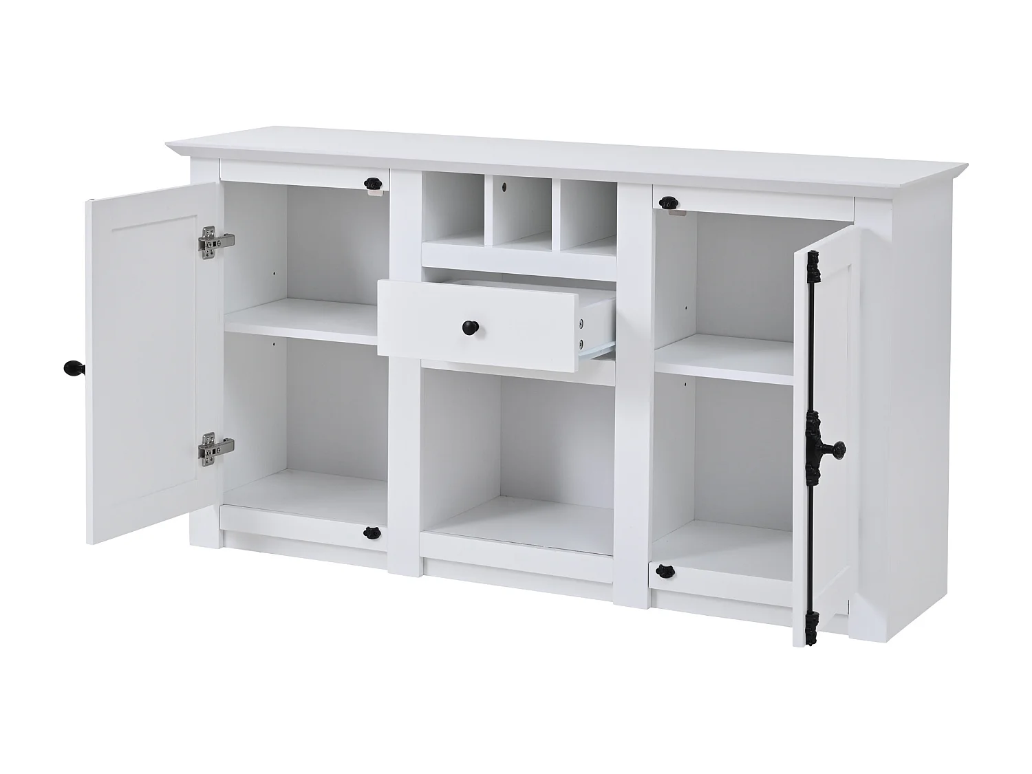 Buffet avec 2 portes, tiroir et casiers à vin - longue poignée en métal noir - Bois blanc