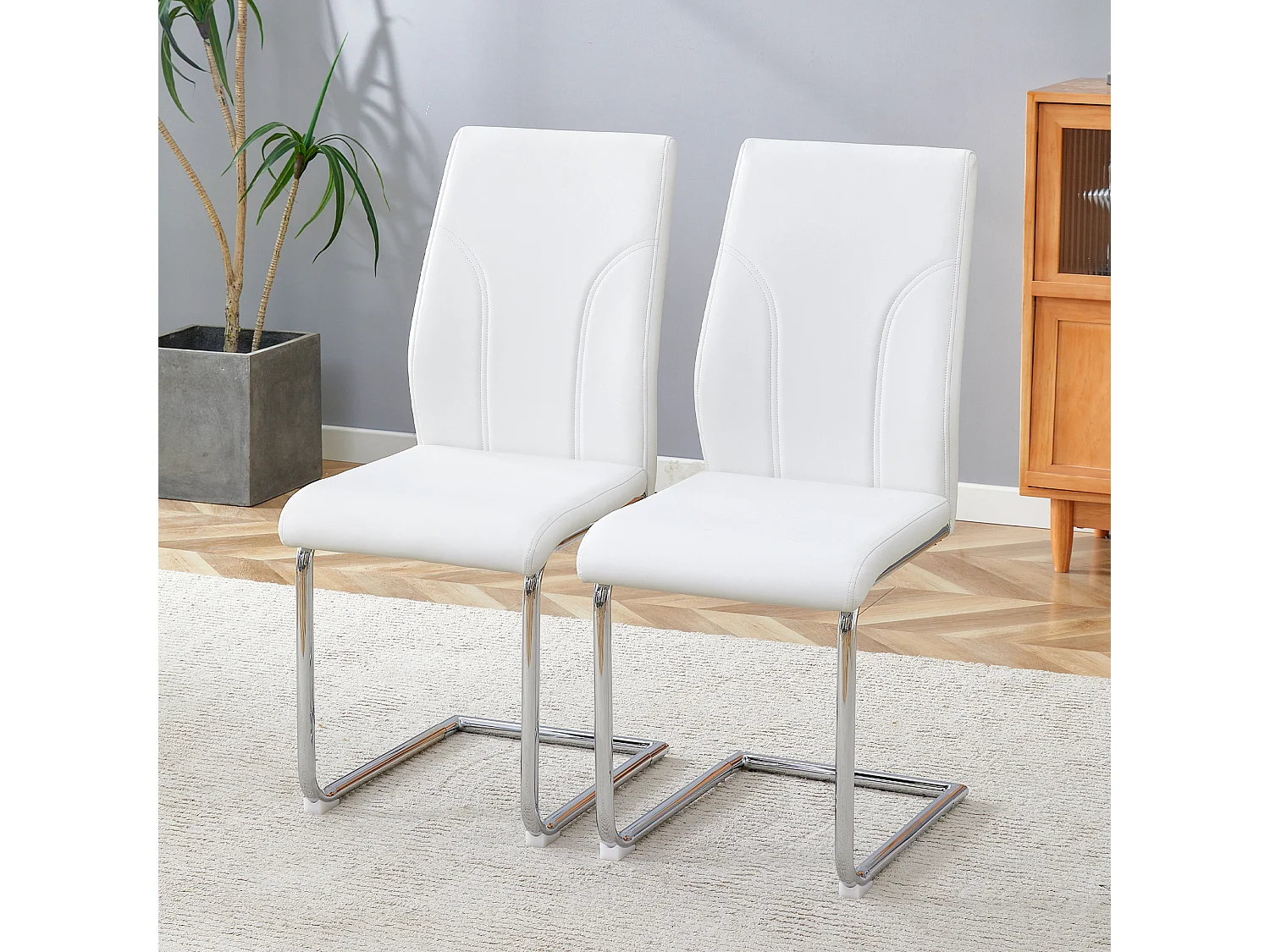 Lot de 2 chaises blanche en simili cuir PU - Pieds en métal argenté