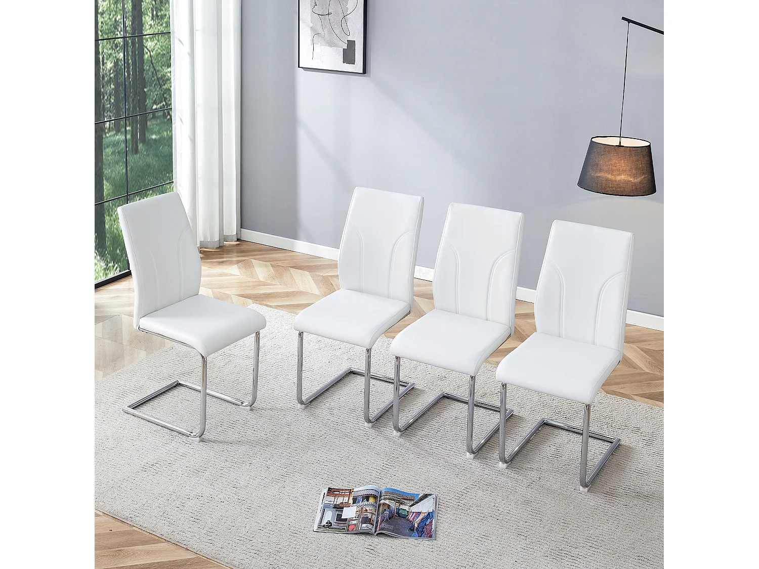 Lot de 2 chaises blanche en simili cuir PU - Pieds en métal argenté