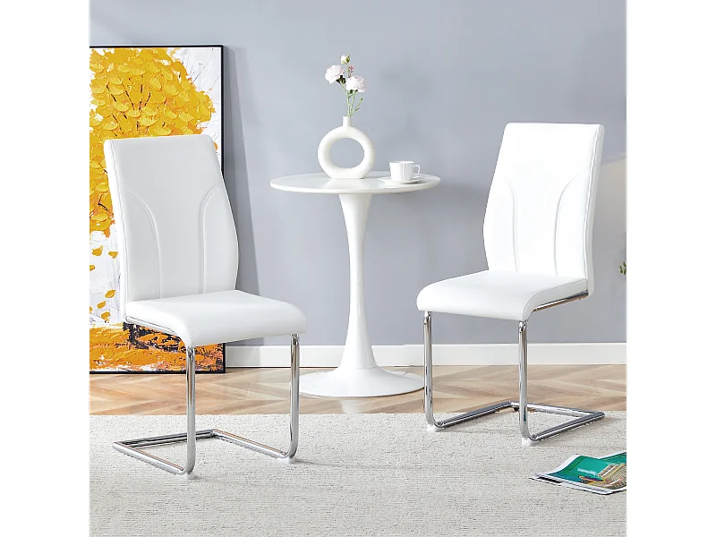Lot de 2 chaises blanche en simili cuir PU - Pieds en métal argenté