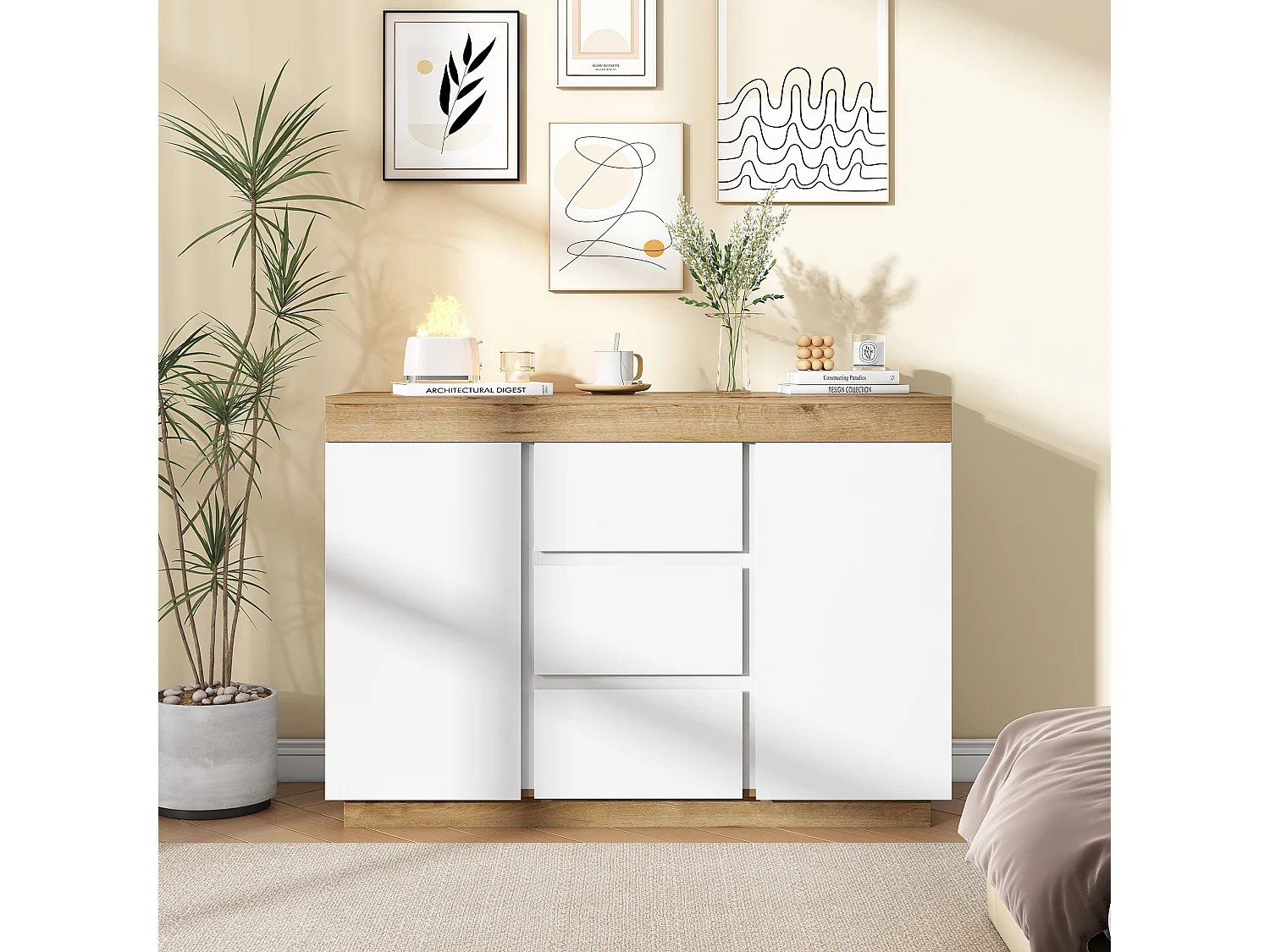 Buffet avec 3 tiroirs et 2 porte - Plateau en couleur bois - Blanc