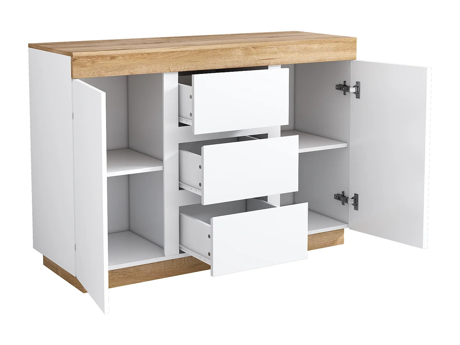 Buffet avec 3 tiroirs et 2 porte - Plateau en couleur bois - Blanc