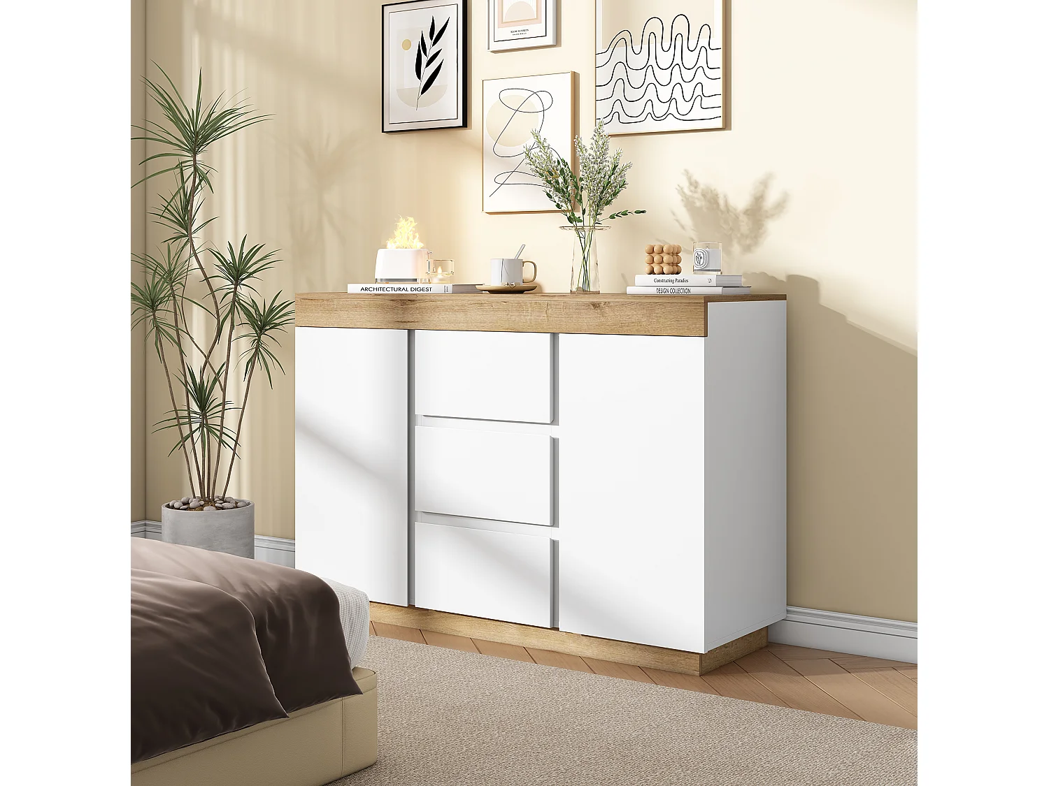Buffet avec 3 tiroirs et 2 porte - Plateau en couleur bois - Blanc