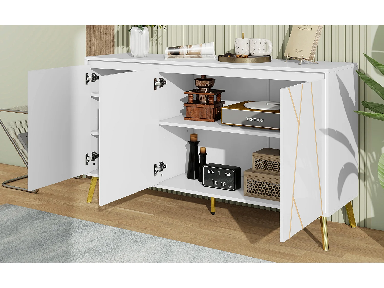 Buffet à 3 portes - Sans poignées - Pieds dorés - Blanc