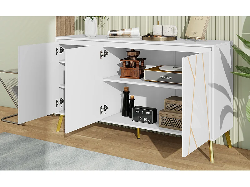 Buffet à 3 portes - Sans poignées - Pieds dorés - Blanc