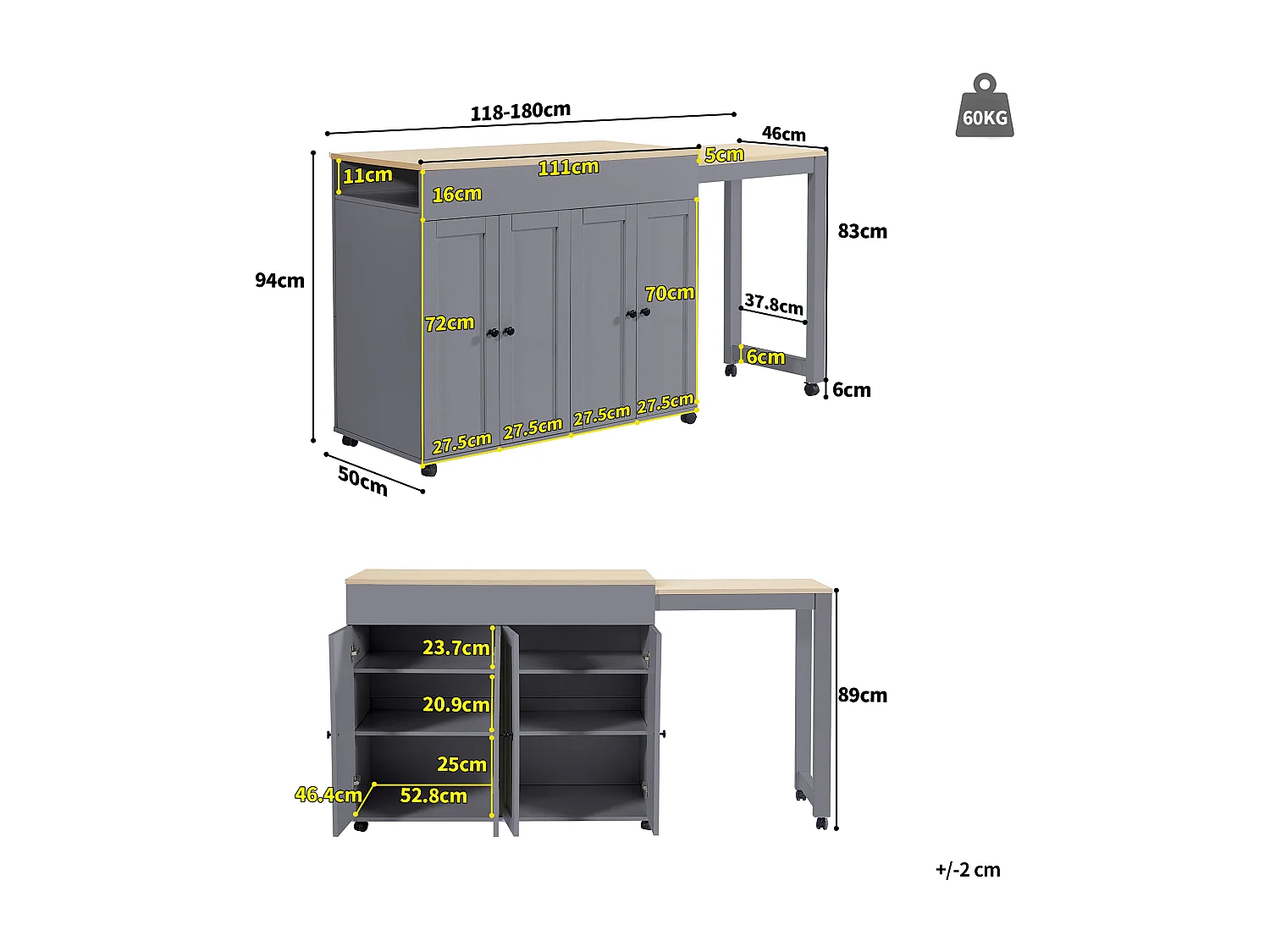 Meuble de bar extensible avec 4 portes et roulettes 118-180×50×94 cm - Pour 4 à 6 personnes - Couleur gris et bois