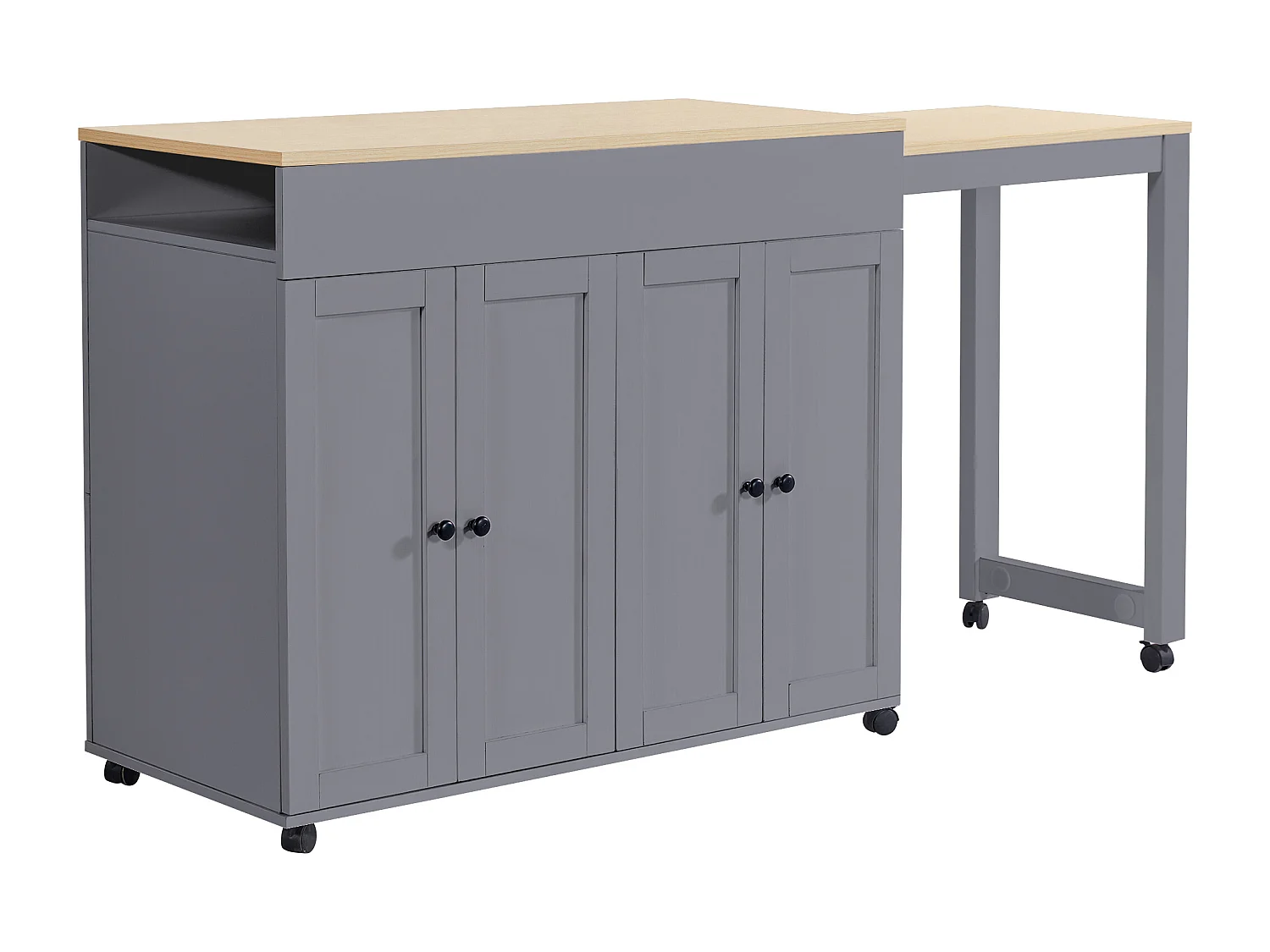 Meuble de bar extensible avec 4 portes et roulettes 118-180×50×94 cm - Pour 4 à 6 personnes - Couleur gris et bois