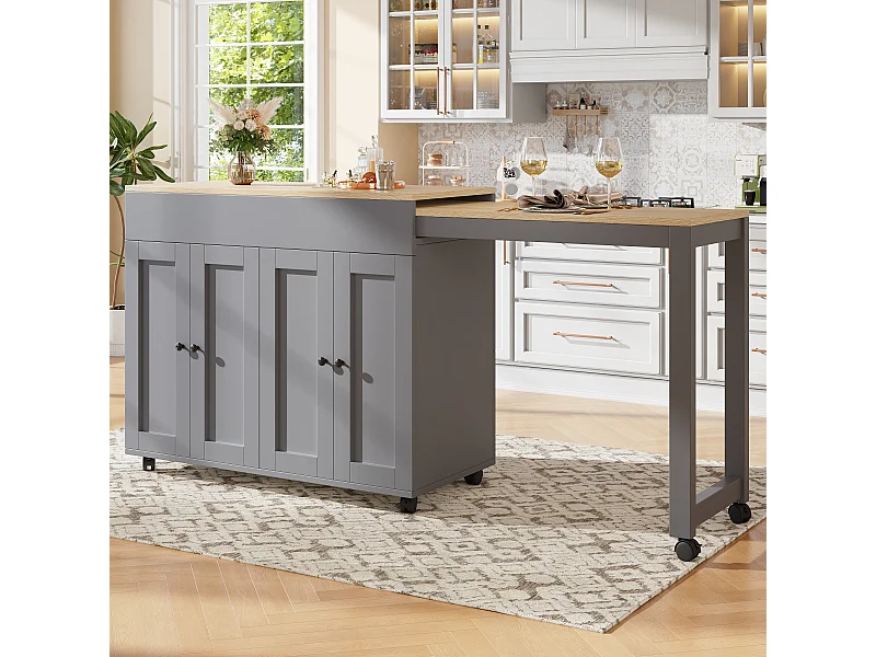 Meuble de bar extensible avec 4 portes et roulettes 118-180×50×94 cm - Pour 4 à 6 personnes - Couleur gris et bois