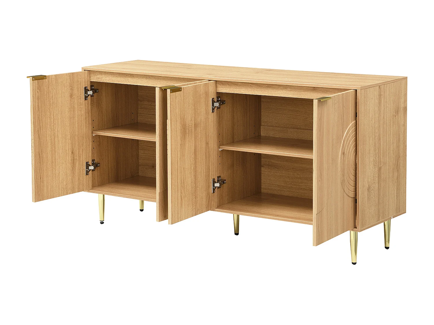 Buffet avec 4 portes couleur bois- lignes de relief circulaires - pieds en métal or