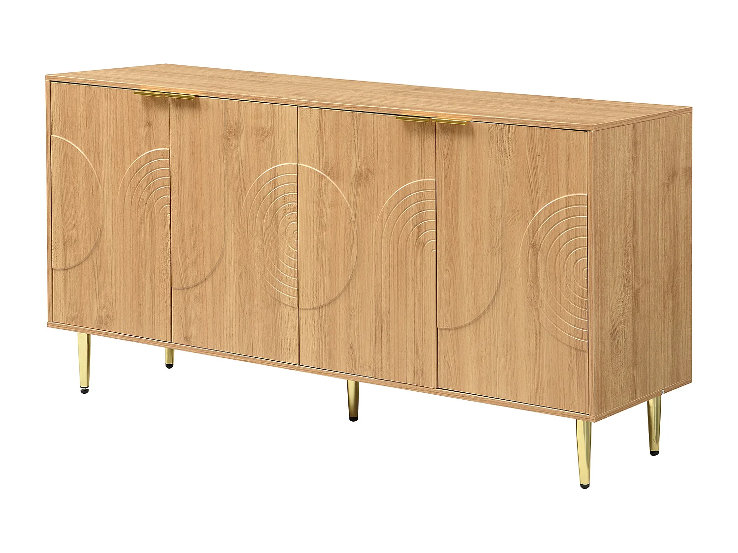 Buffet avec 4 portes couleur bois- lignes de relief circulaires - pieds en métal or