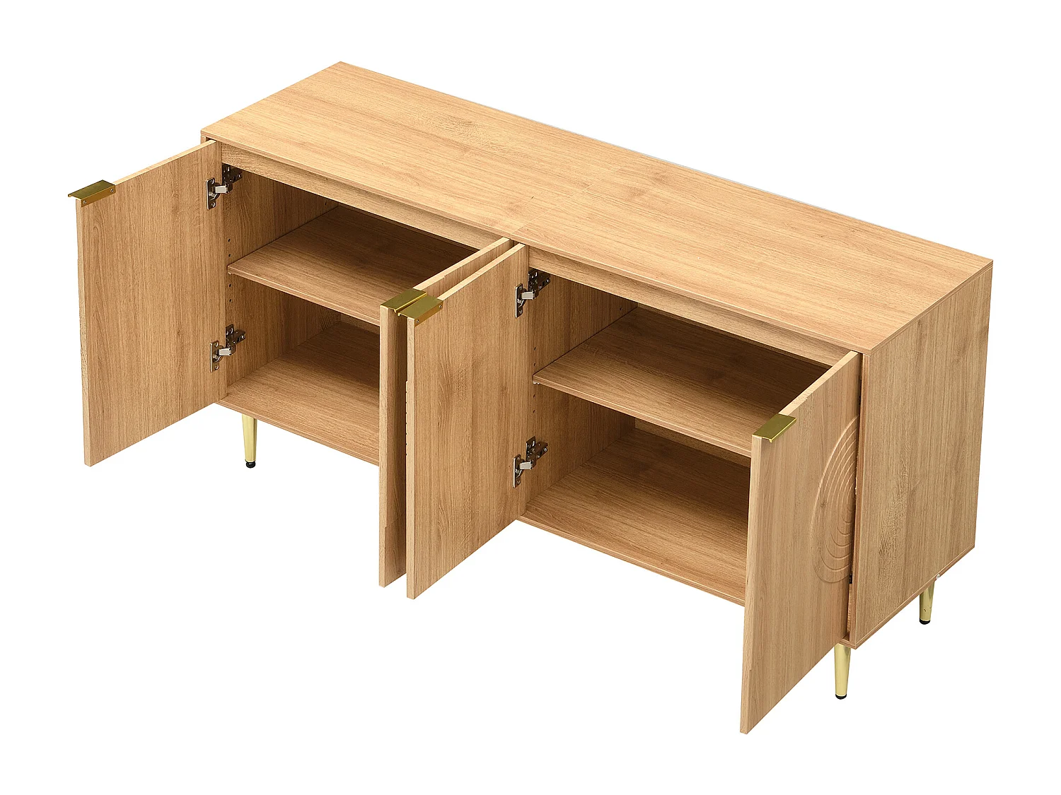 Buffet avec 4 portes couleur bois- lignes de relief circulaires - pieds en métal or