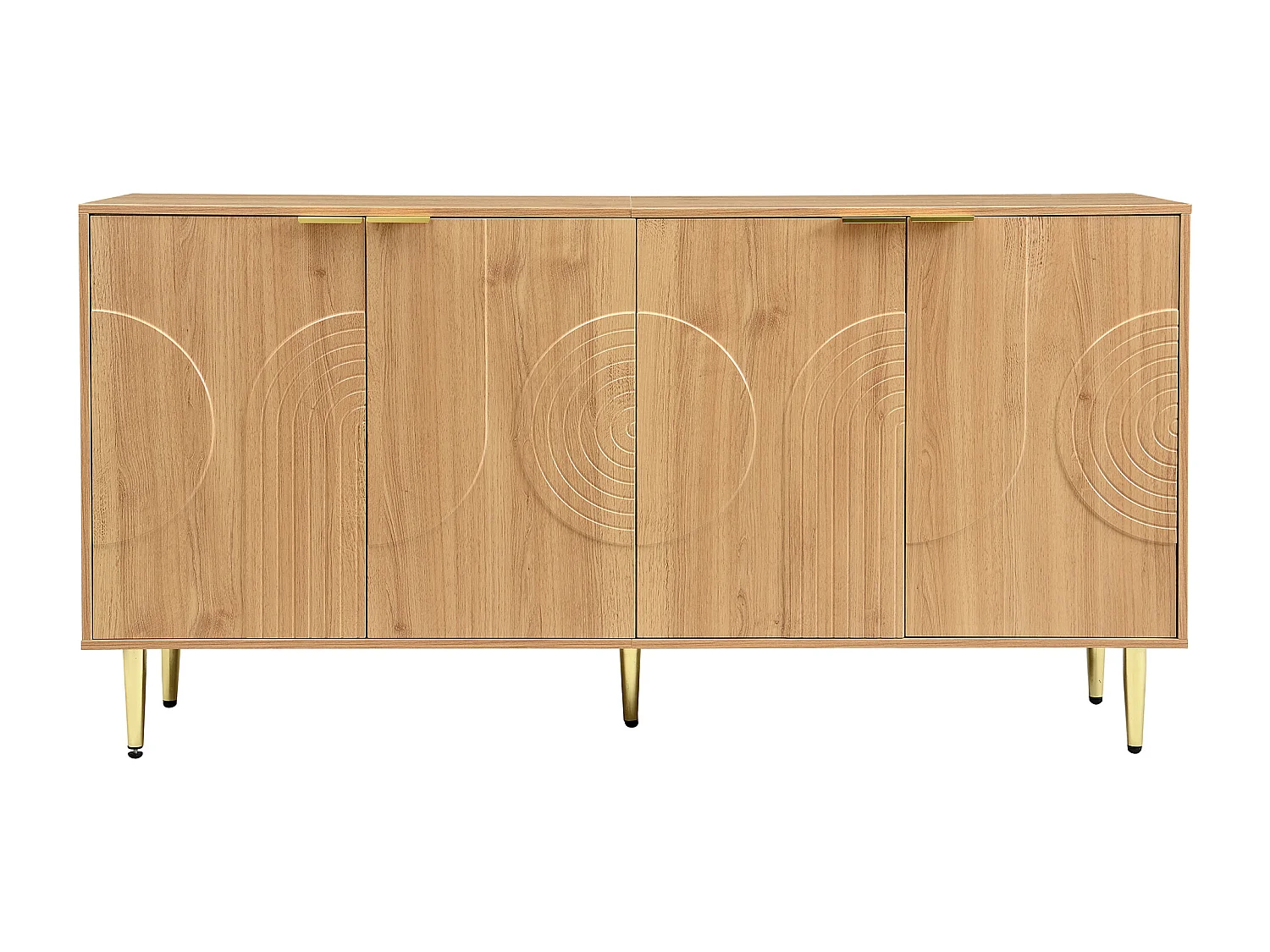 Buffet avec 4 portes couleur bois- lignes de relief circulaires - pieds en métal or