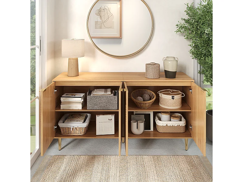 Buffet avec 4 portes couleur bois- lignes de relief circulaires - pieds en métal or