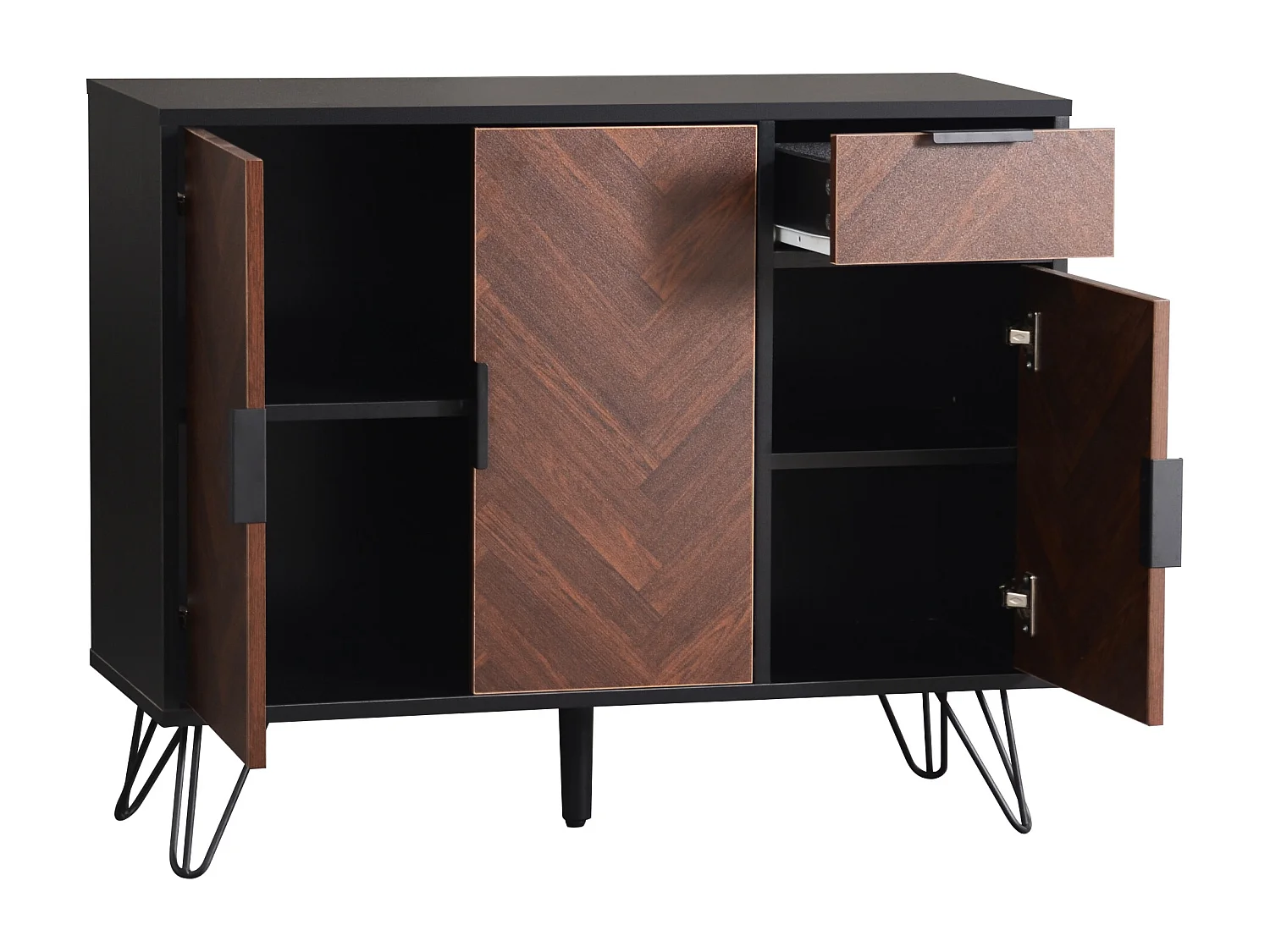 Buffet avec 3 portes et tiroir - pieds en métal - Noir et bois foncé