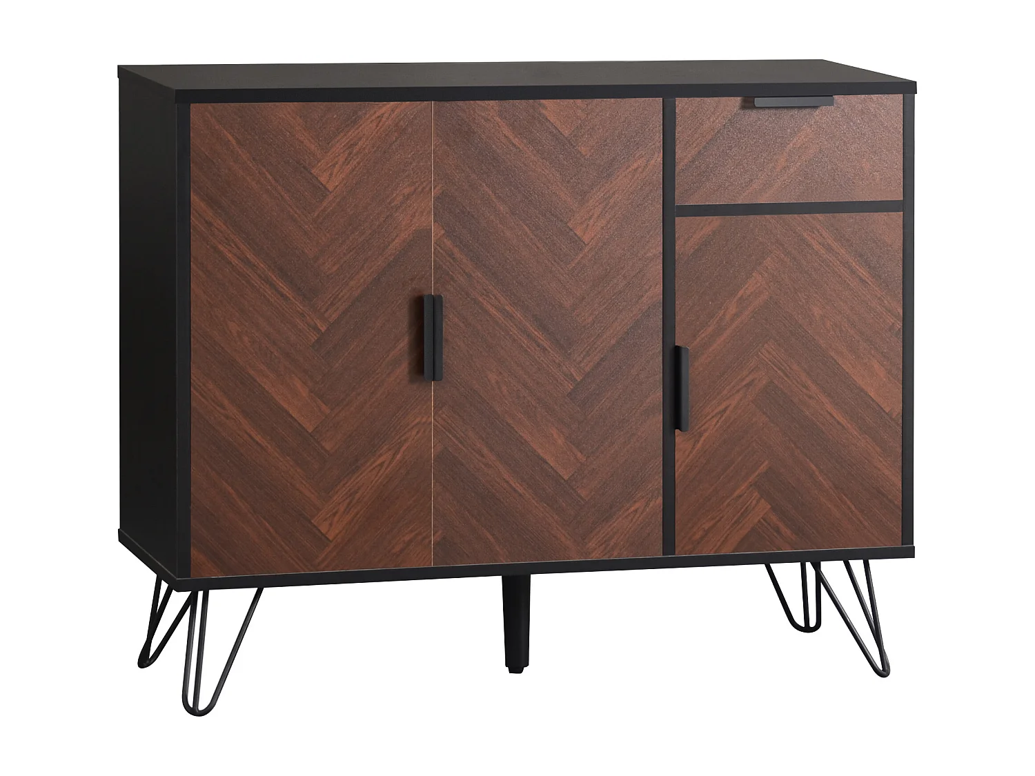 Buffet avec 3 portes et tiroir - pieds en métal - Noir et bois foncé