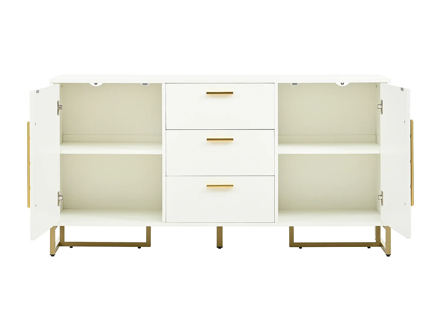 Buffet avec 2 portes et 3 tiroirs - Motif en forme de V - Blanc et doré