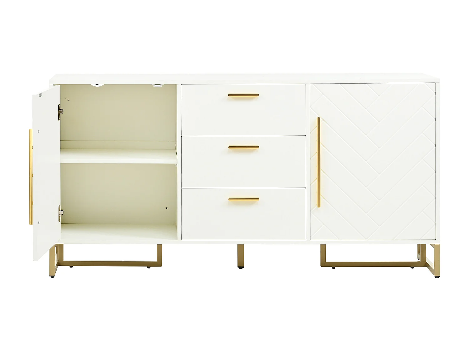 Buffet avec 2 portes et 3 tiroirs - Motif en forme de V - Blanc et doré