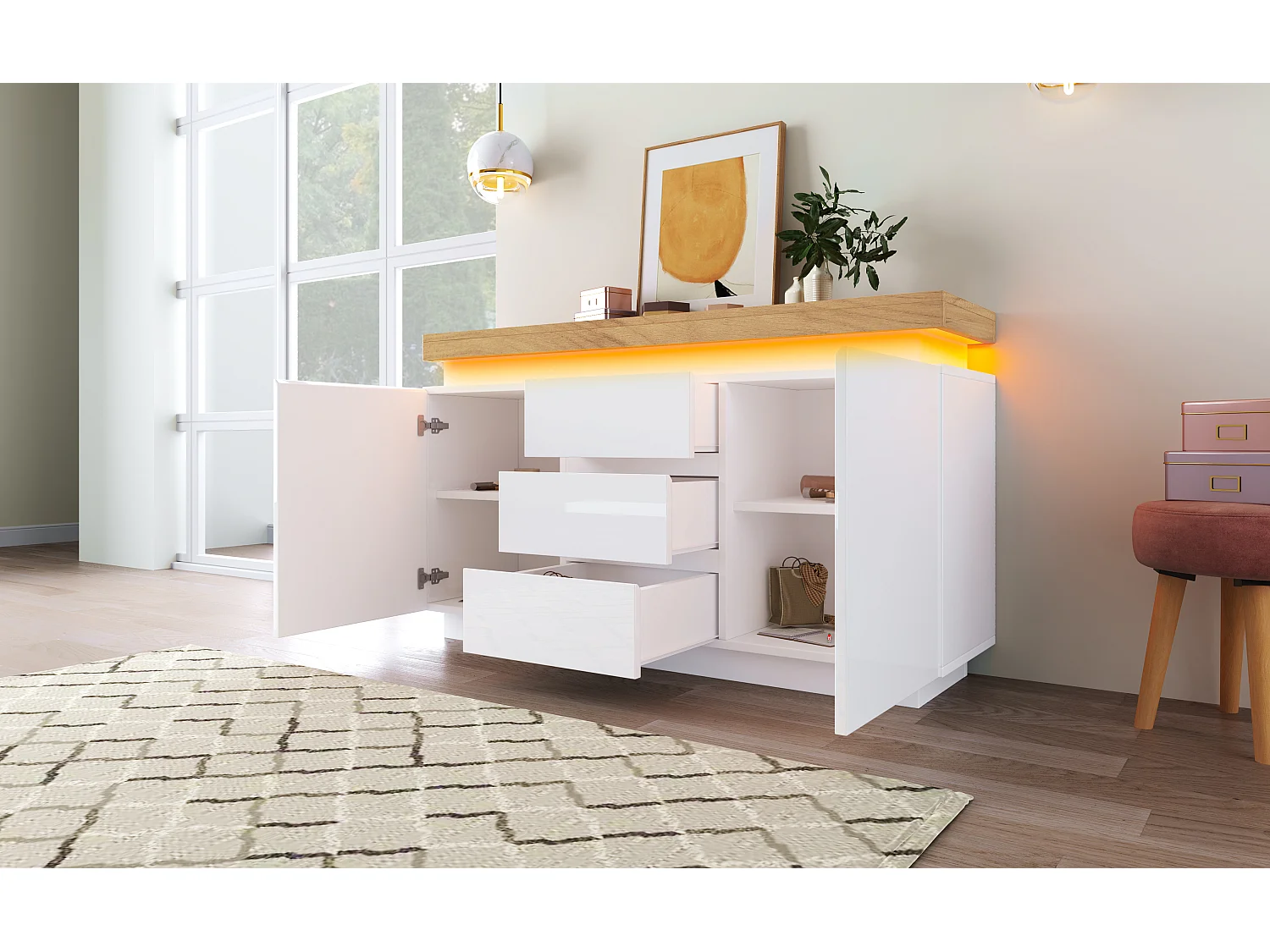Buffet avec LED, 3 tiroirs et 2 portes - Finition brillant - Blanc et naturel
