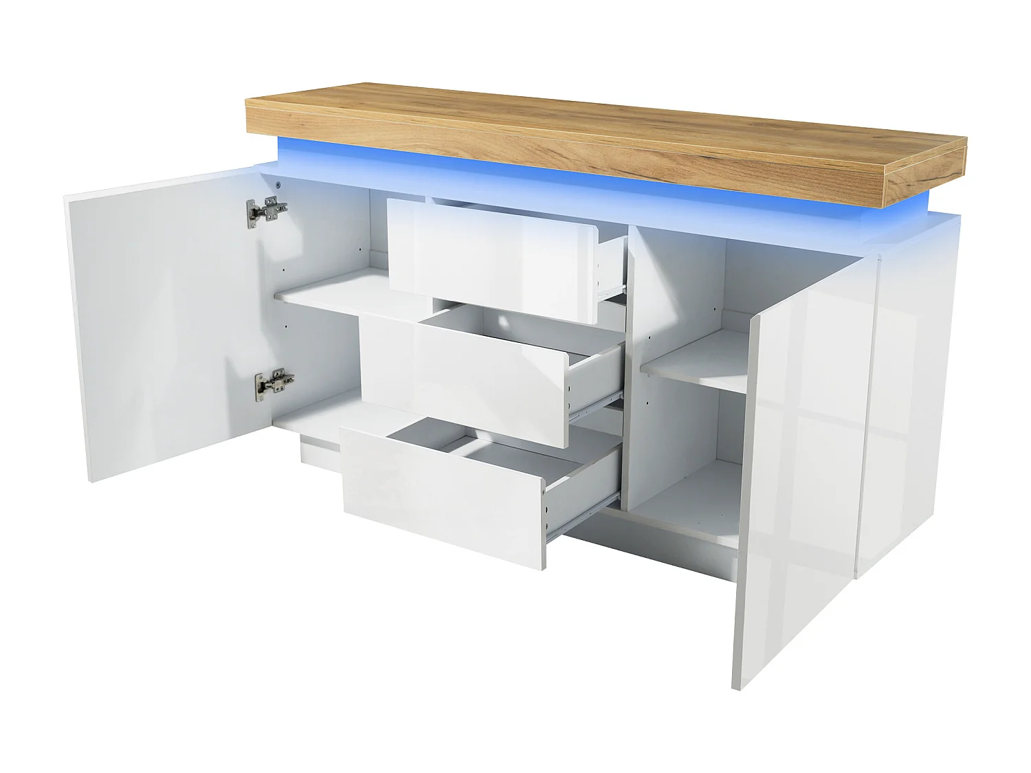 Buffet avec LED, 3 tiroirs et 2 portes - Finition brillant - Blanc et naturel