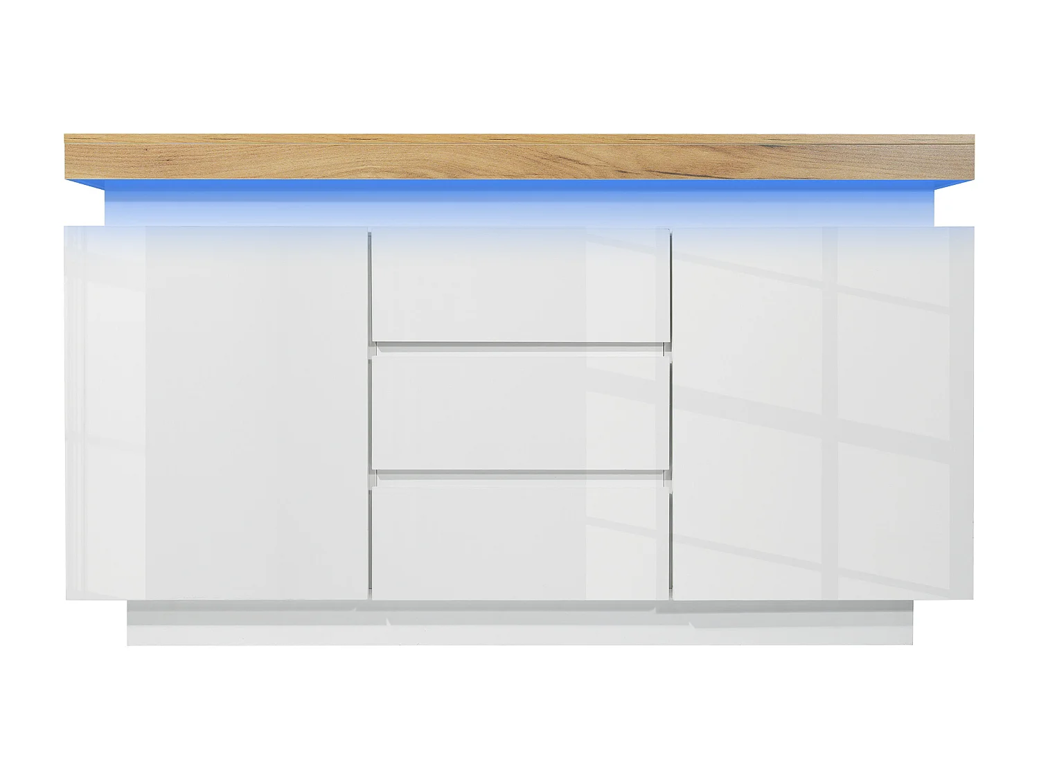 Buffet avec LED, 3 tiroirs et 2 portes - Finition brillant - Blanc et naturel