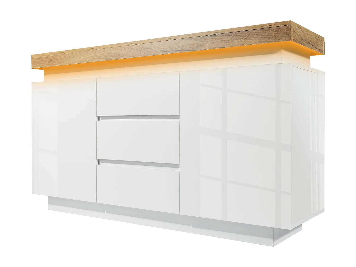 Buffet avec LED, 3 tiroirs et 2 portes - Finition brillant - Blanc et naturel