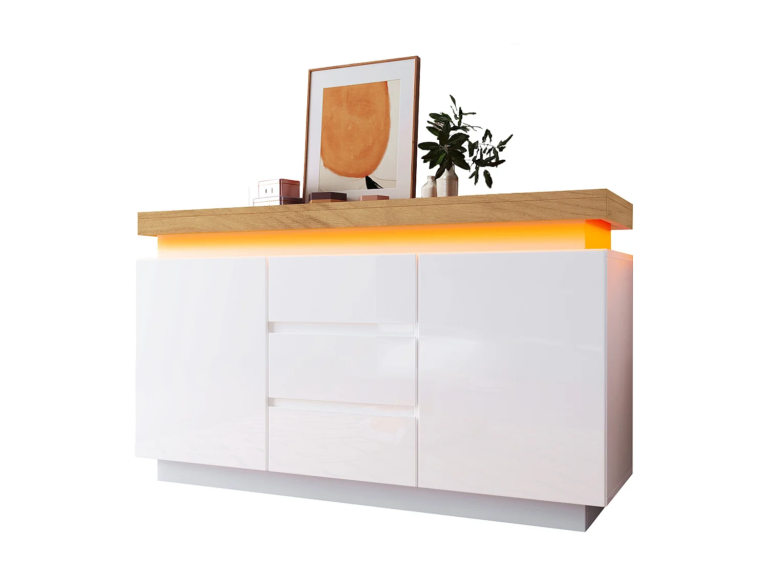 Buffet avec LED, 3 tiroirs et 2 portes - Finition brillant - Blanc et naturel