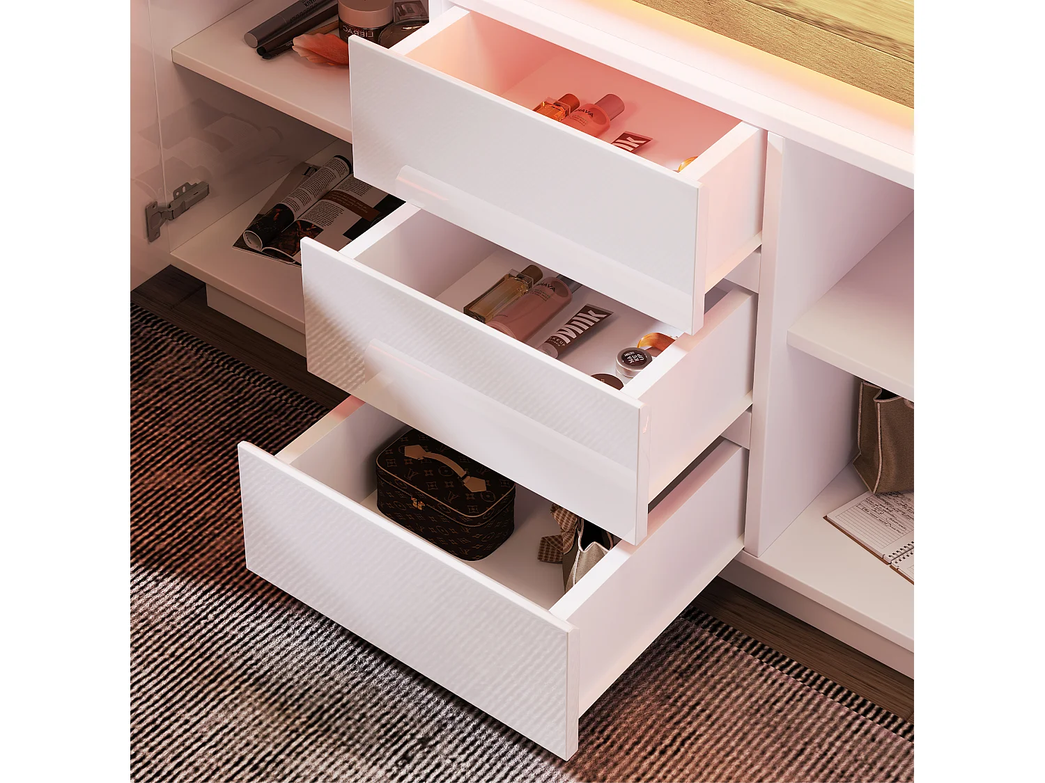 Buffet avec LED, 3 tiroirs et 2 portes - Finition brillant - Blanc et naturel