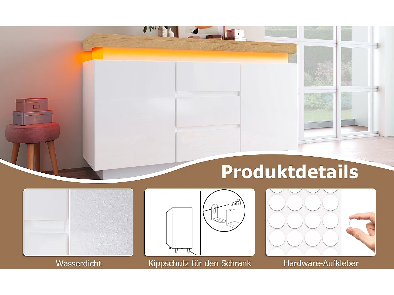 Buffet avec LED, 3 tiroirs et 2 portes - Finition brillant - Blanc et naturel